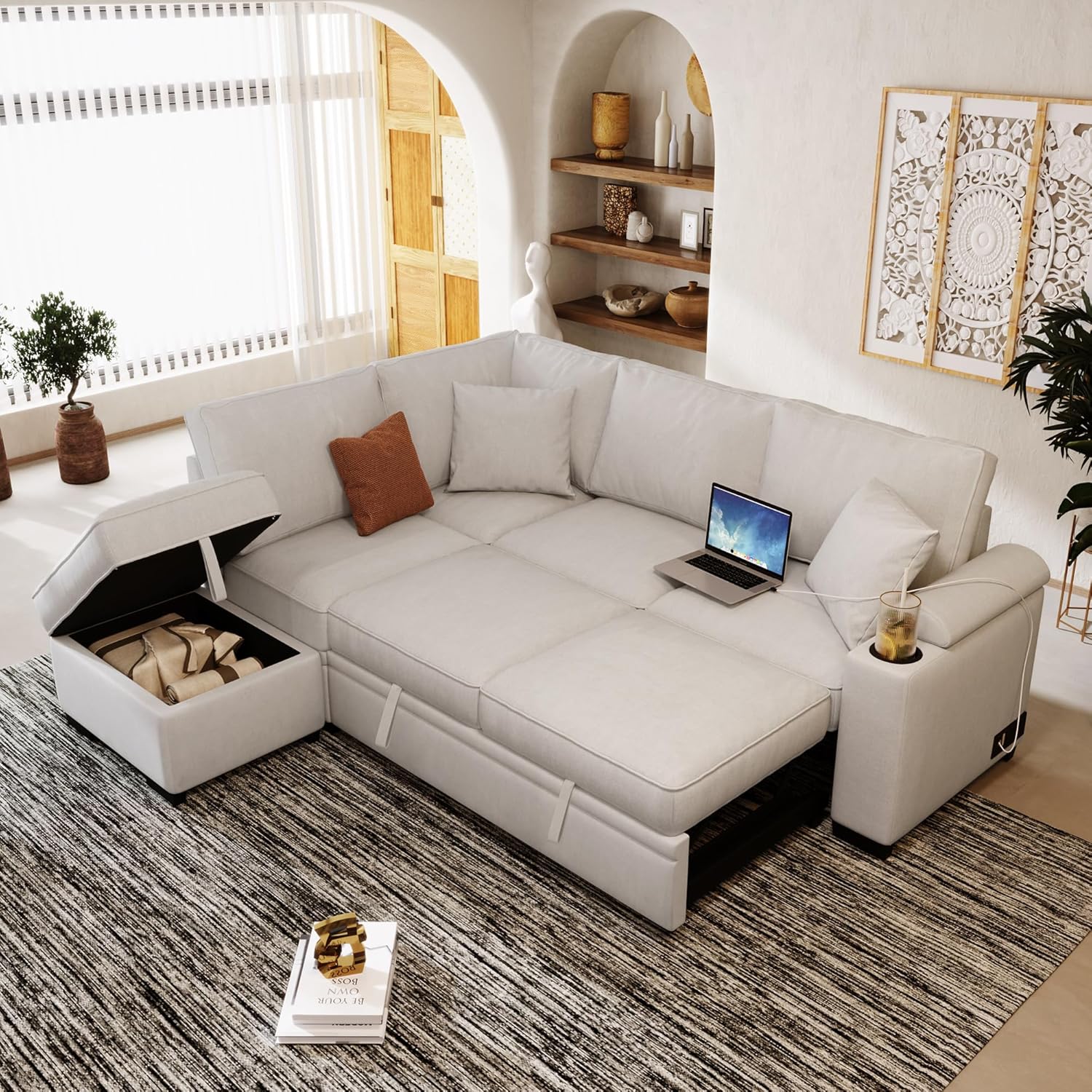 Merax Sofa Bed Sleeper Couch L Shaped Sofa with Storage Ottoman and Cup Holder, L-Shape Sectional Couch with Comfortable backrest and Charging Function for Living Room and Small Apartment (Beige)