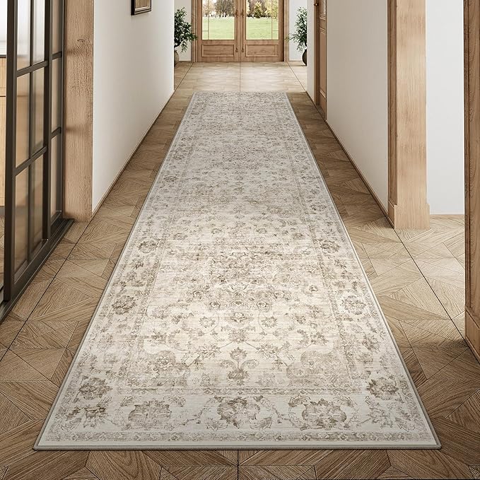 2x8 Washable Neutral Runner Rug Beige Hallway Kitchen Non-Slip Low Pile Floral Carpet Vintage Soft Thin Throw Rug for Bathroom Bedroom Entryway Laundry Dining Room