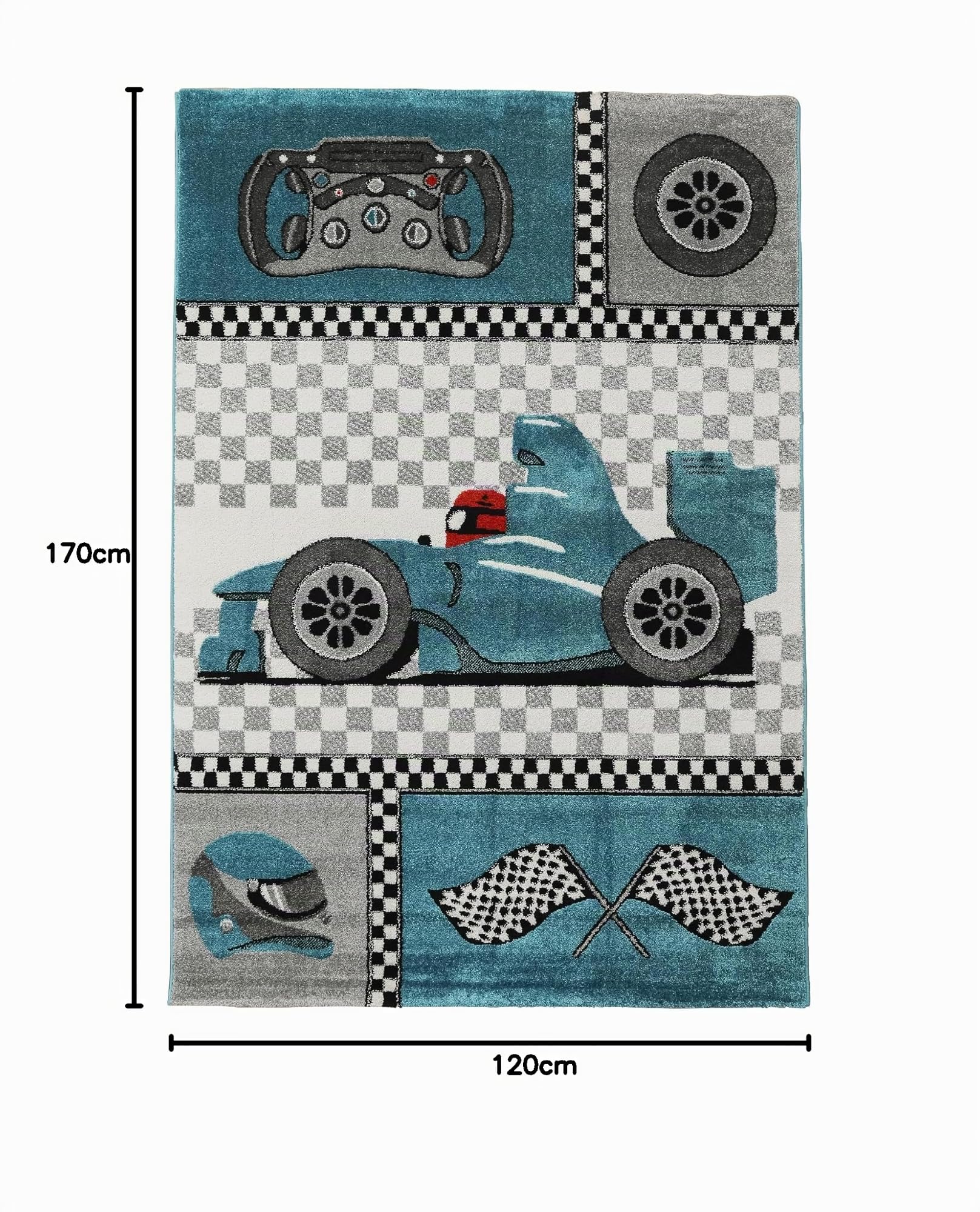 SIMPEX Kinderteppich Rennwagen Design Blau 120x170 cm Rechteckiger Spielteppich für Jungs Hautfreundlich & Farbenfroh