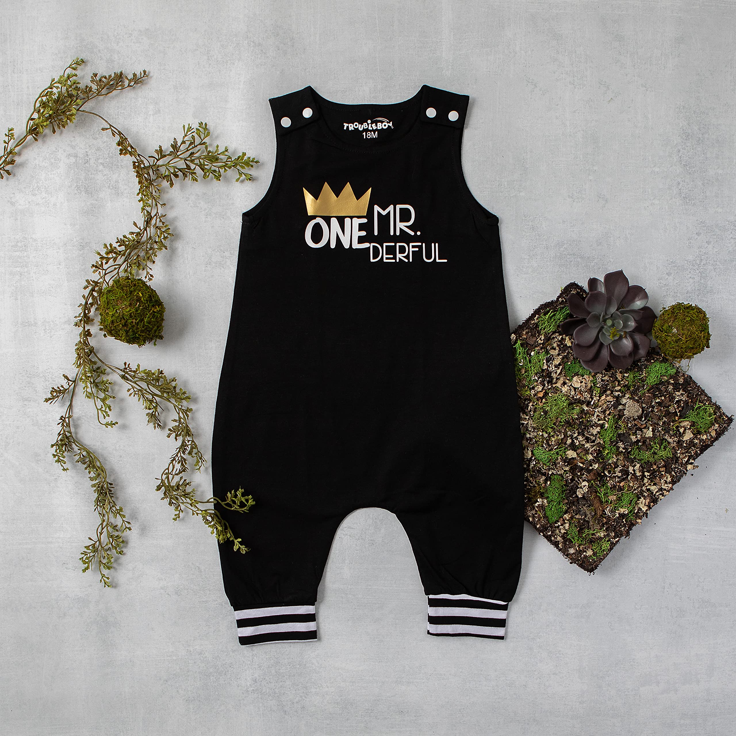 Mr Onederful Black Romper with Striped Cuff Personalized 1st Birthday Outfit for Boys. (2T/24 Months, Black)