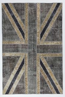 Modern Handmade Patchwork Rug with Union Jack British Flag Design, Wool and Cotton Turkish Carpet. Custom Colors & Sizes Available. D673