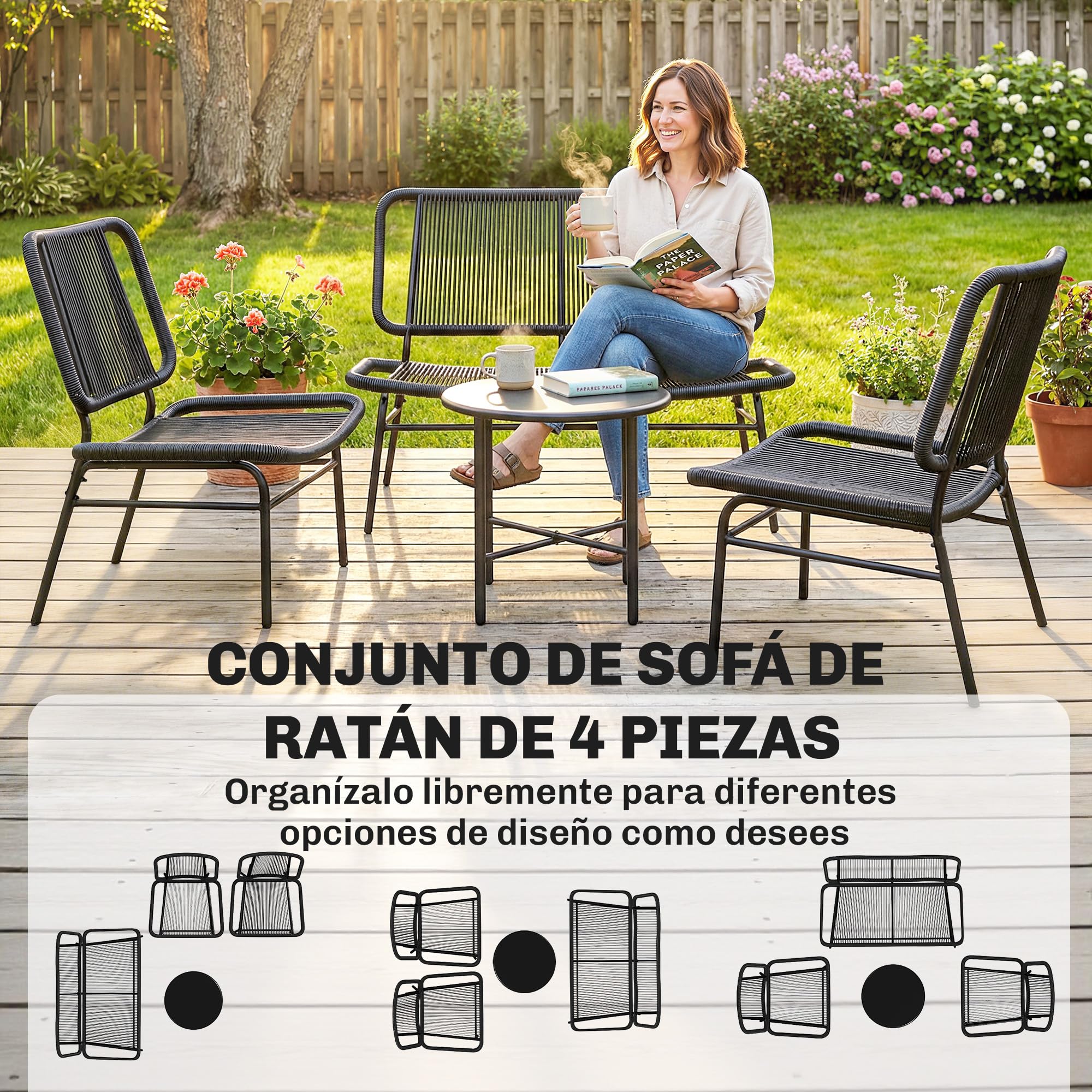 Outsunny Conjunto de Jardín Exterior de Ratán de 4 Piezas Negro