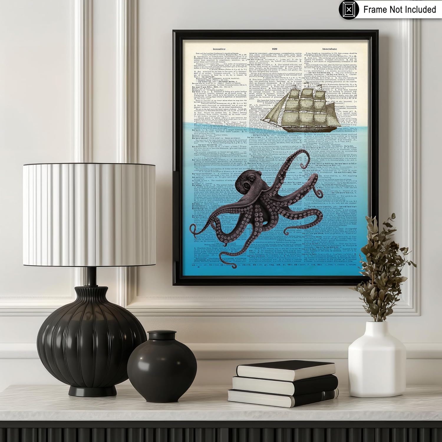 Poster Master Octopus and Ship Print - Dictionary Poster - Kraken Art - Deep Sea Wall Design - Gift for Men, Women - Nautical Decor for Home, Ocean or Beach House - 8x10 UNFRAMED Wall Art