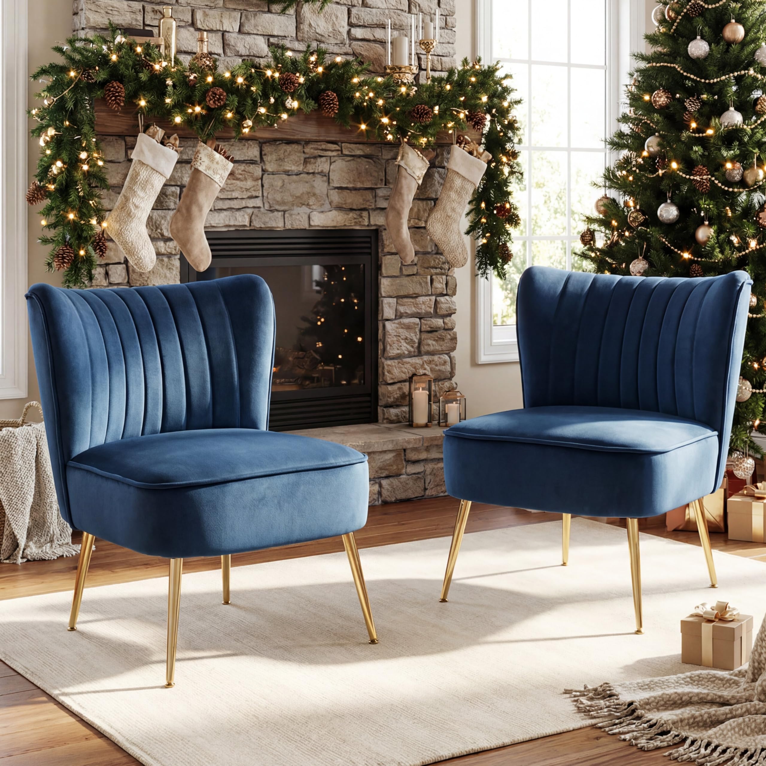 DUOMAY Modern Accent Chair Set of 2 Velvet Slipper Chair with Gold Legs Wingback Side Chair for Living Room Bedroom Entryway Small Corner Chair for