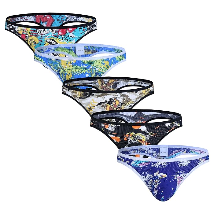 Buy Men's Low Rise Bulge Thong Sexy Printed Mesh TBack Mens Underwear