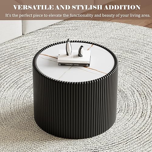 Miniatura 94 de Mesa auxiliar redonda moderna, mesa auxiliar de sofá de mármol sintético con base cubierta de cuero sintético en forma de cuenco, mesa auxiliar