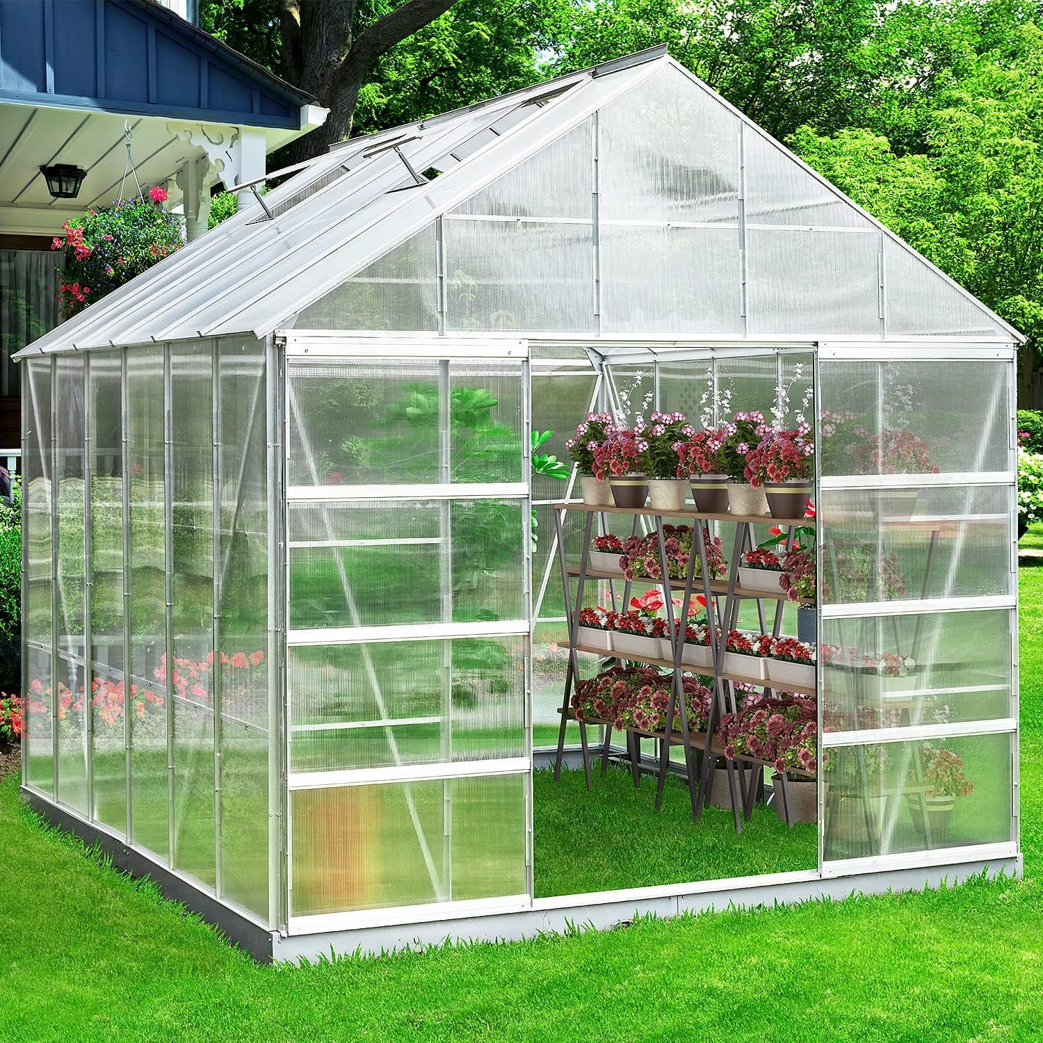 EROMMY Outdoor Walk-in Hobby Greenhouse for Plants, Polycarbonate Aluminum Green House with Adjustable Roof Vent and Sliding Door for Backyard Garden in Winter, 12' x 10' x 10.3'