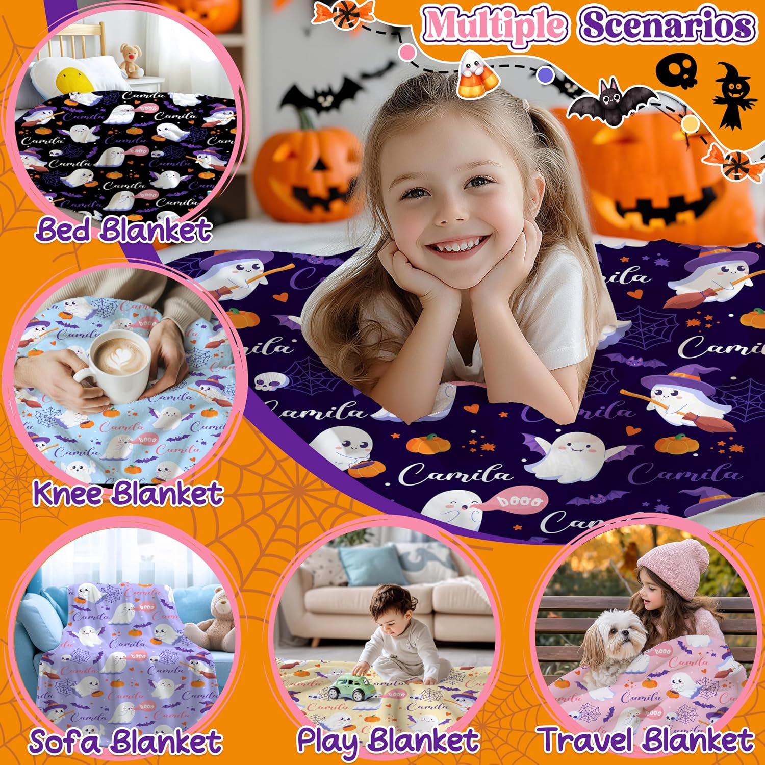 Personalized Halloween Blanket with Name for Boy Girl Custom Halloween Ghost Throw Blankets Soft Plush Customized Black Blanket for Toddler Infant Unique Custom Gift for Kid Women Men Teen Ghost Decor