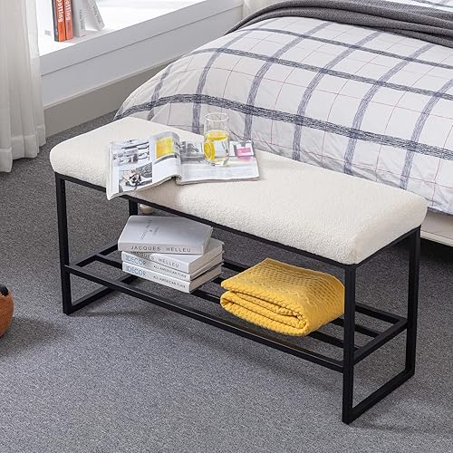 Miniatura 6 de Zesthouse Banco de zapatos de entrada con almacenamiento, banco Boucle para dormitorio, extremo de la cama, banco tapizado de metal para armario,