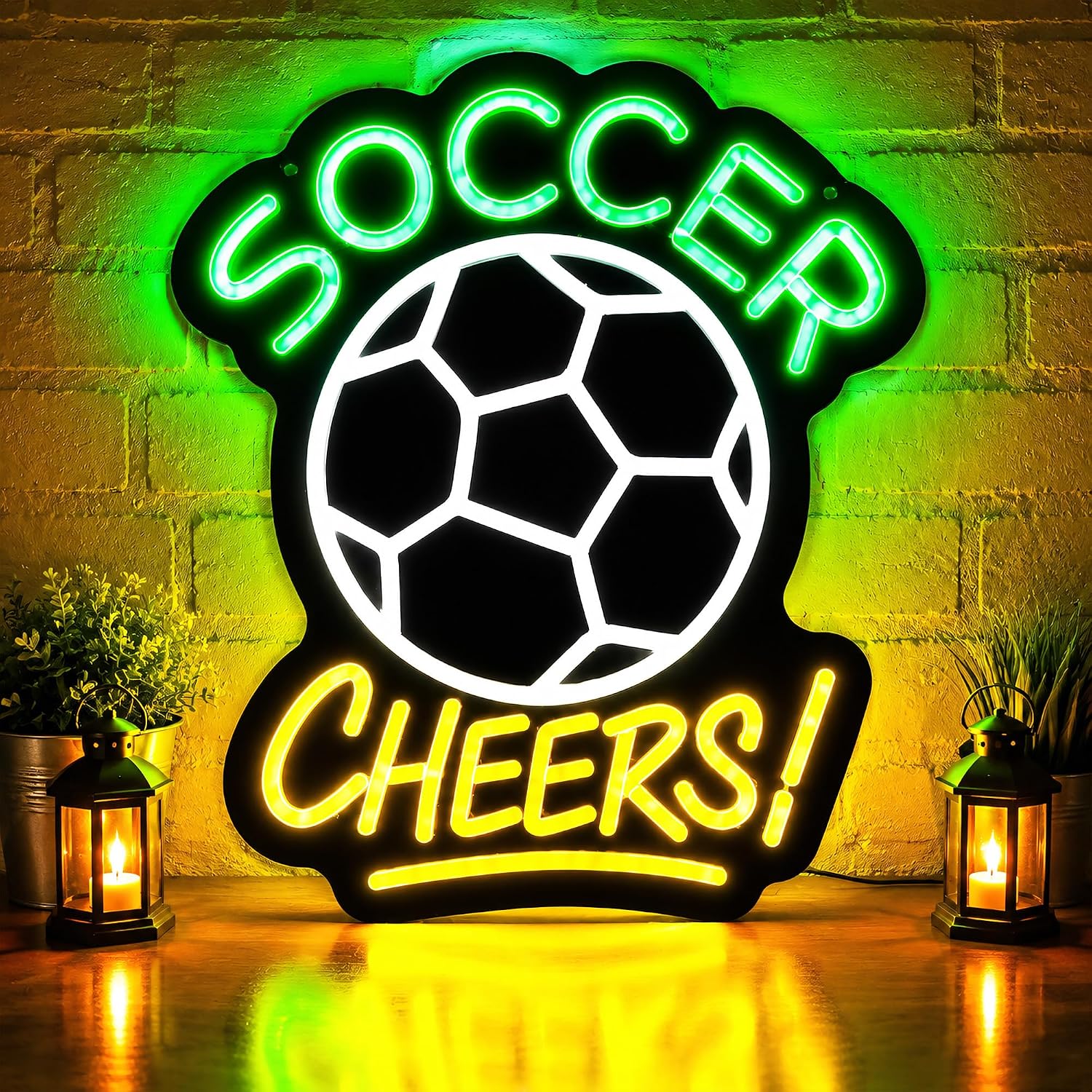 Soccer Cheers LED Neon Sign, Green Ball Wall Light for Sports Bar, Fan Cave, Game Room, Bedroom and Team Room Decor, USB Powered Dimmable Gift for Fans, 13.8 x 13 in