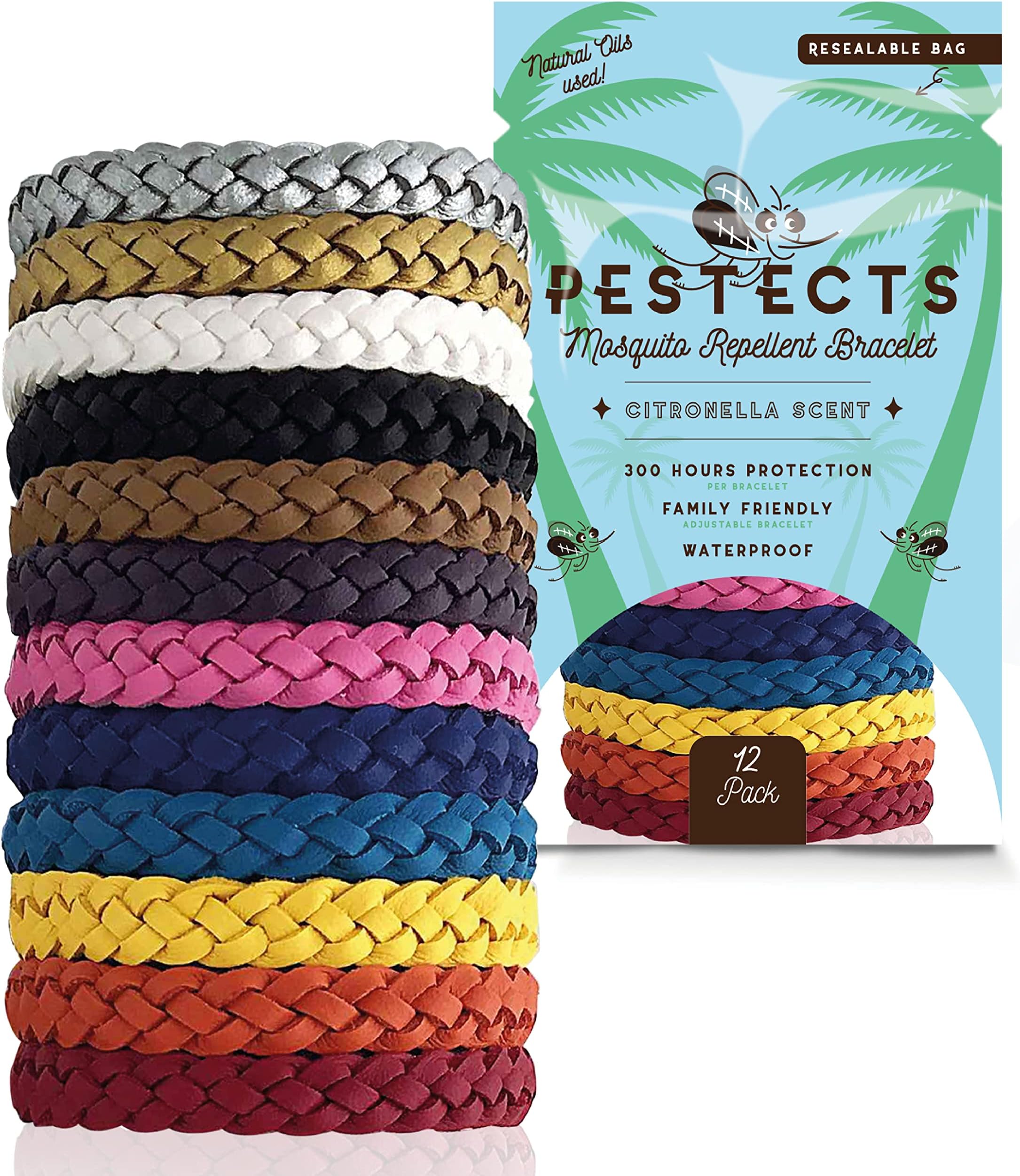 Pestects Mosquito Repellent Bracelet 12 Pack, Adjustable Leather Deet-Free Natural Insect Mosquito Bands for Adults & Kids, 300 Hour Insect Repellent Protection