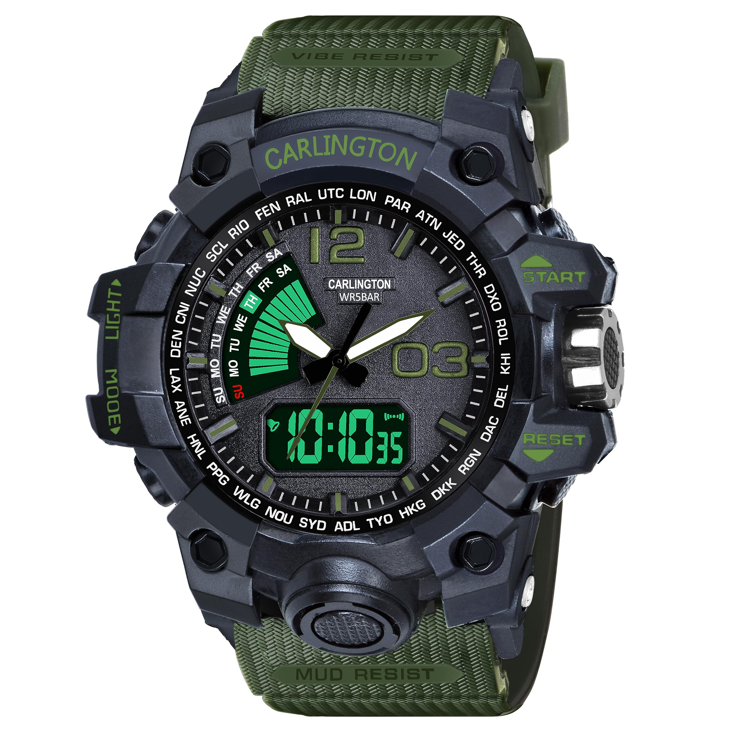Carlington Resin Analog-Digital Sports Watch Chronograph,Dual Time,Alarm,Stopwatch,Water-Resistant,Shock-Resistant,Back Light Display- The Perfect Watch For Men And Boys-Ct3366(Green Dial),Green Band (B0CFFZGDK1) Amazon Price History, Amazon Price Tracker