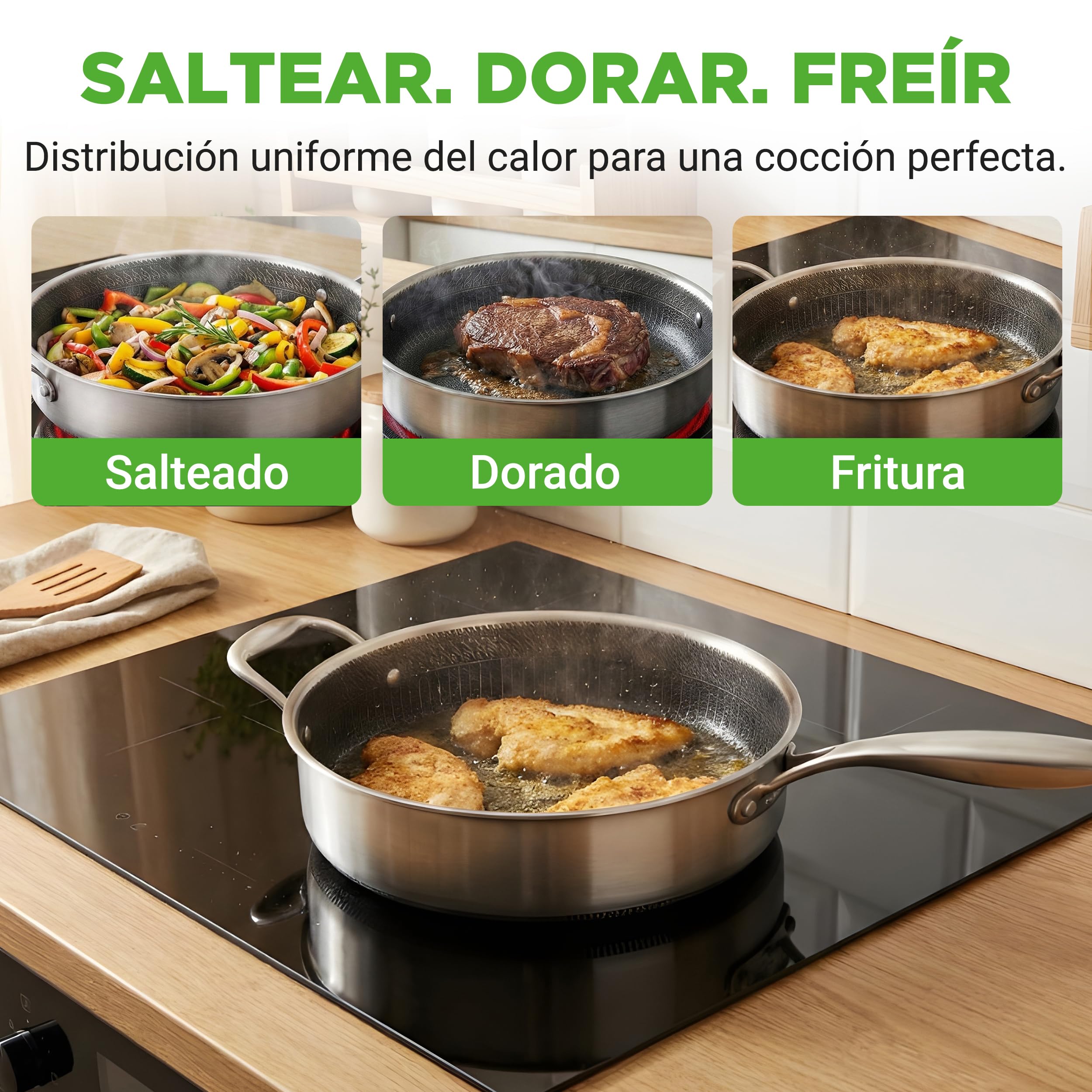 Nutrichef cazuela profunda de 3.2L, Con tapa, Acero inoxidable, Para saltear, Textura tipo panal resistente a rayones, Apta para horno e induccion, Antiadherente