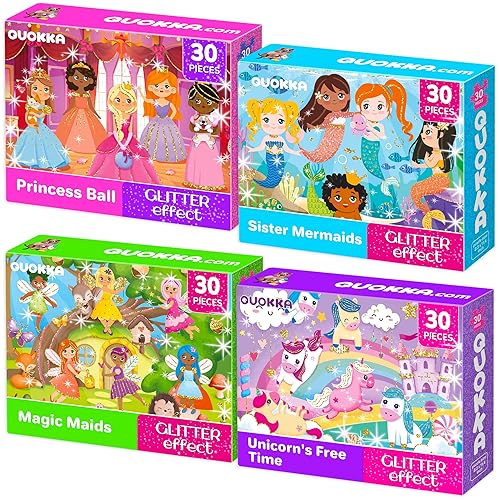 QUOKKA Puzzles for Toddlers 3-5 – Shimmer 4-Pack 30 Pieces Puzzles for Kids Ages 2-4 - Fairy Tale Jigsaw Set with Princess Unicorns for Kids 4-6 Years, Gift for 3 Year-Old Boy Girl, FSC Certified Toy - Meadow Girls