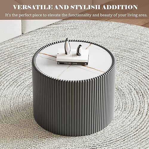 Miniatura 46 de Mesa auxiliar redonda moderna, mesa auxiliar de sofá de mármol sintético con base cubierta de cuero sintético en forma de cuenco, mesa auxiliar