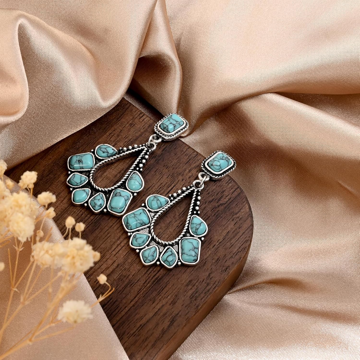 Silver and Turquoise Large Big Dangle Stone Blue Earrings Western Bohemian Vintage Earrings for Women Dangling - Image 6