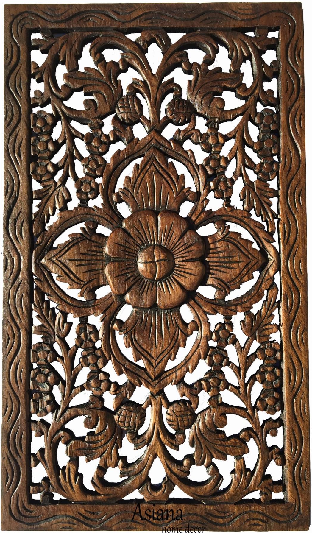 Asian Home Decor Wood Carved Panel. Teak Wood Wall Hanging in Dark Brown Finish Size 24"x13.5"x0.5"