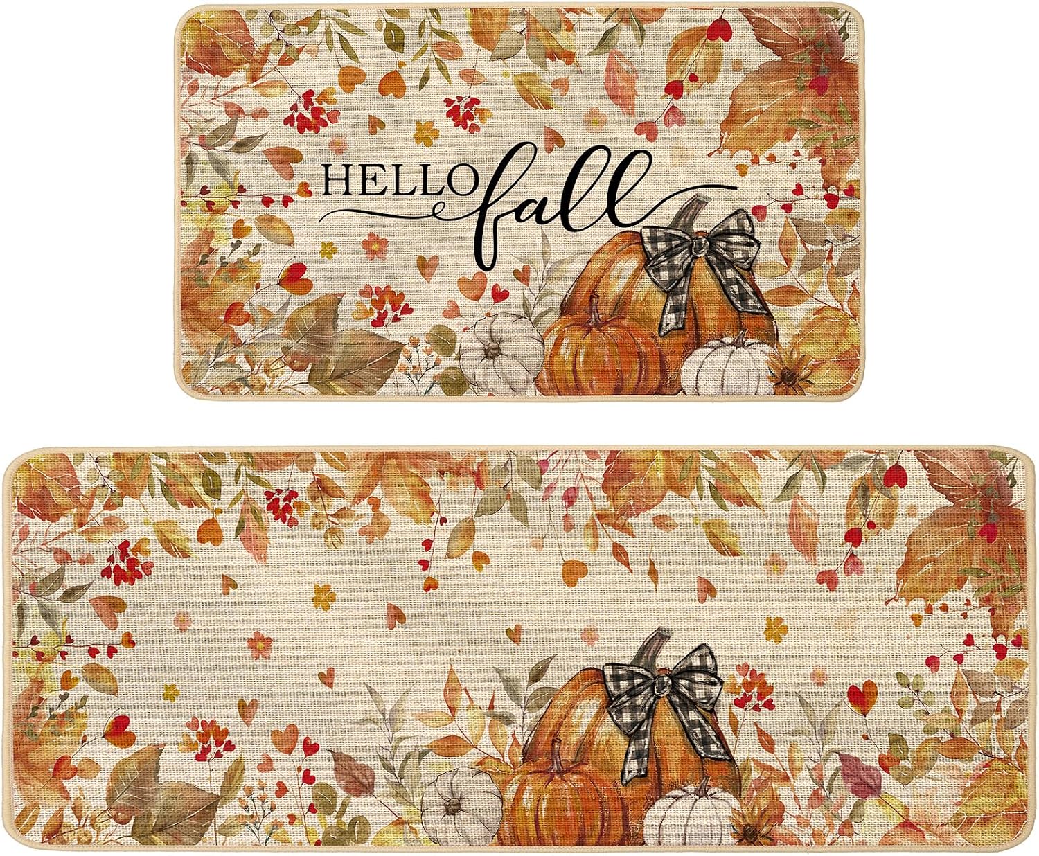 Baccessor Pumpkin Fall Kitchen Mats Set of 2, Pumpkin Floral Leaves Kitchen Rugs for Floor Low-Profile Farmhouse Fall Thanksgiving Home Decor 17x29 and 17x47 Inch