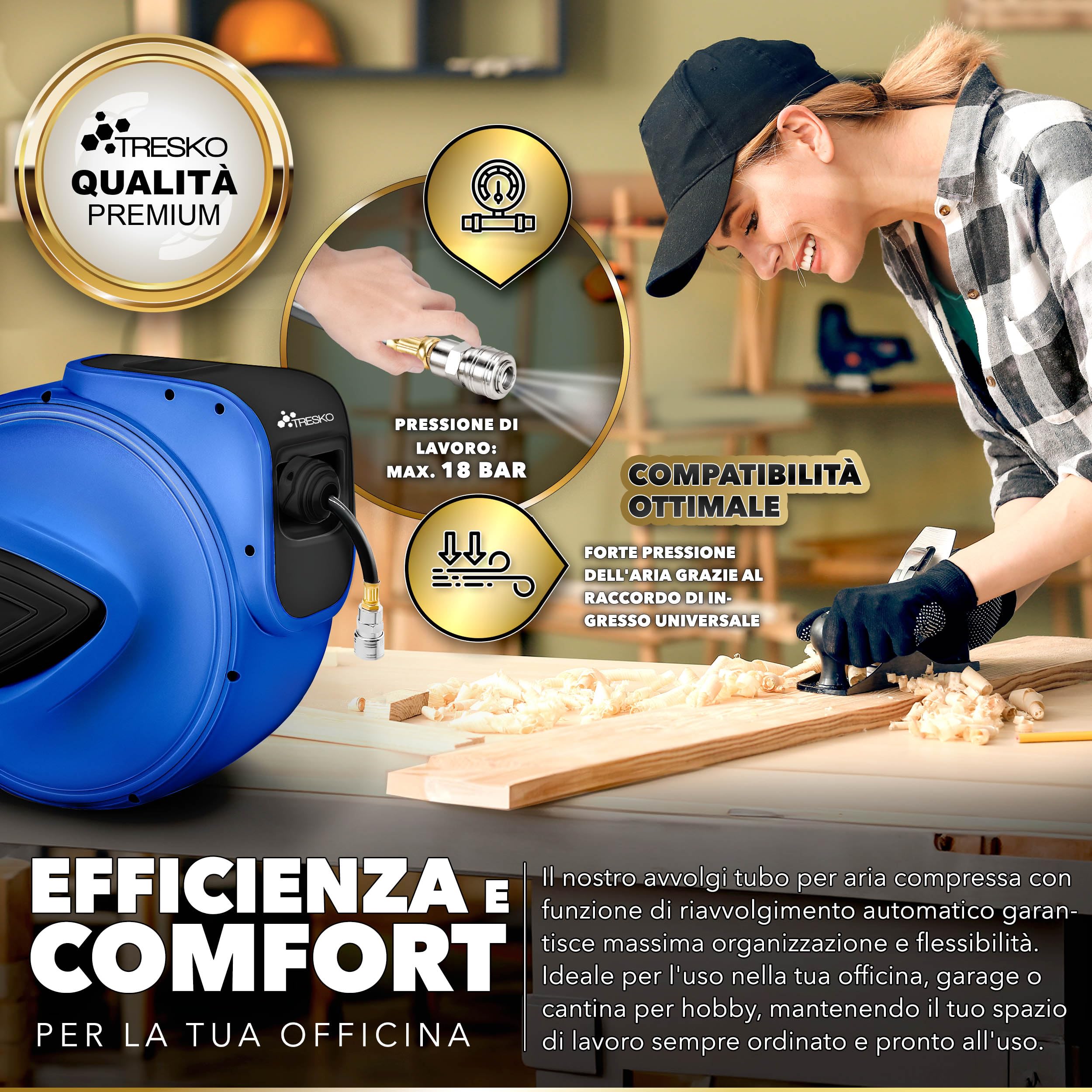 TRESKO® Avvolgitubo Aria Compressa 30 mt con Tubo | Avvolgitubo Pneumatico attacco 1/4" | Dispositivo di Arresto Automatico e Riavvolgitore Automatico, Blu