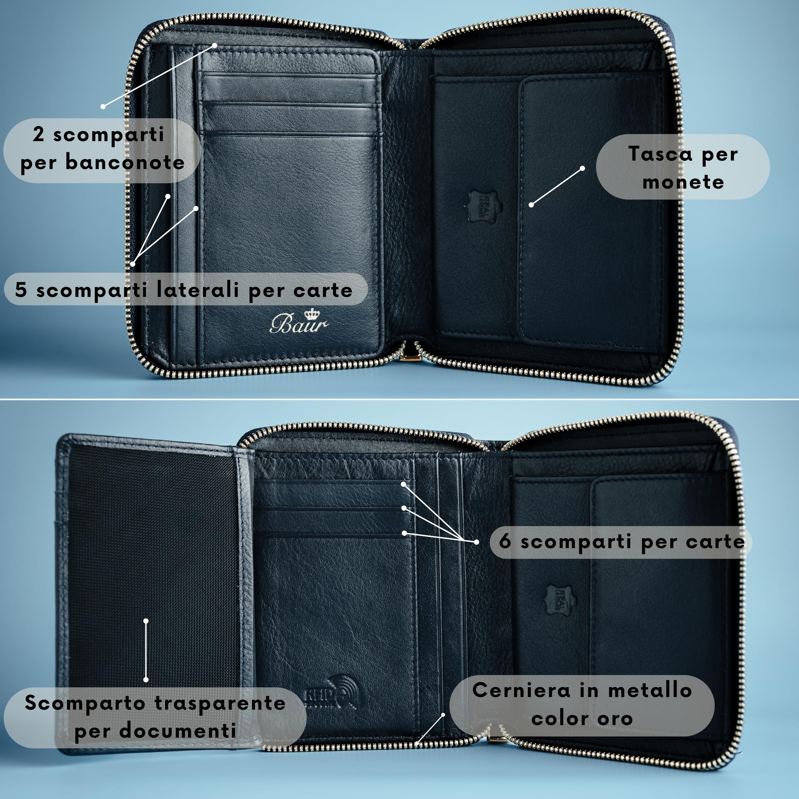 Baur portafoglio da donna – vera pelle nappa con protezione RFID – portamonete con molti scomparti carte e scomparto monete con bottone – cerniera metallica perimetrale (Cerniera oro, Blu scuro)