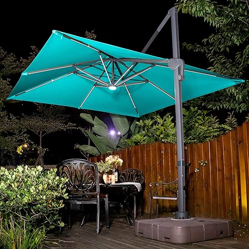 Miniatura 6 de Sunnyglade Sombrilla de patio voladiza LED de 10 x 10 pies con energía solar, sombrilla cuadrada de lujo con rotación de 360 y sistema de