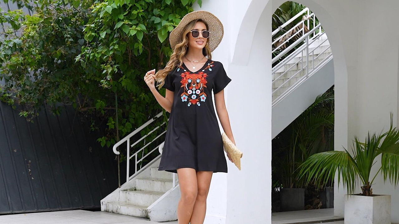 Women's Floral Embroidered Mexican Dress - Short Sleeve Bohemian Sundress, Cotton & Flowy - View #5