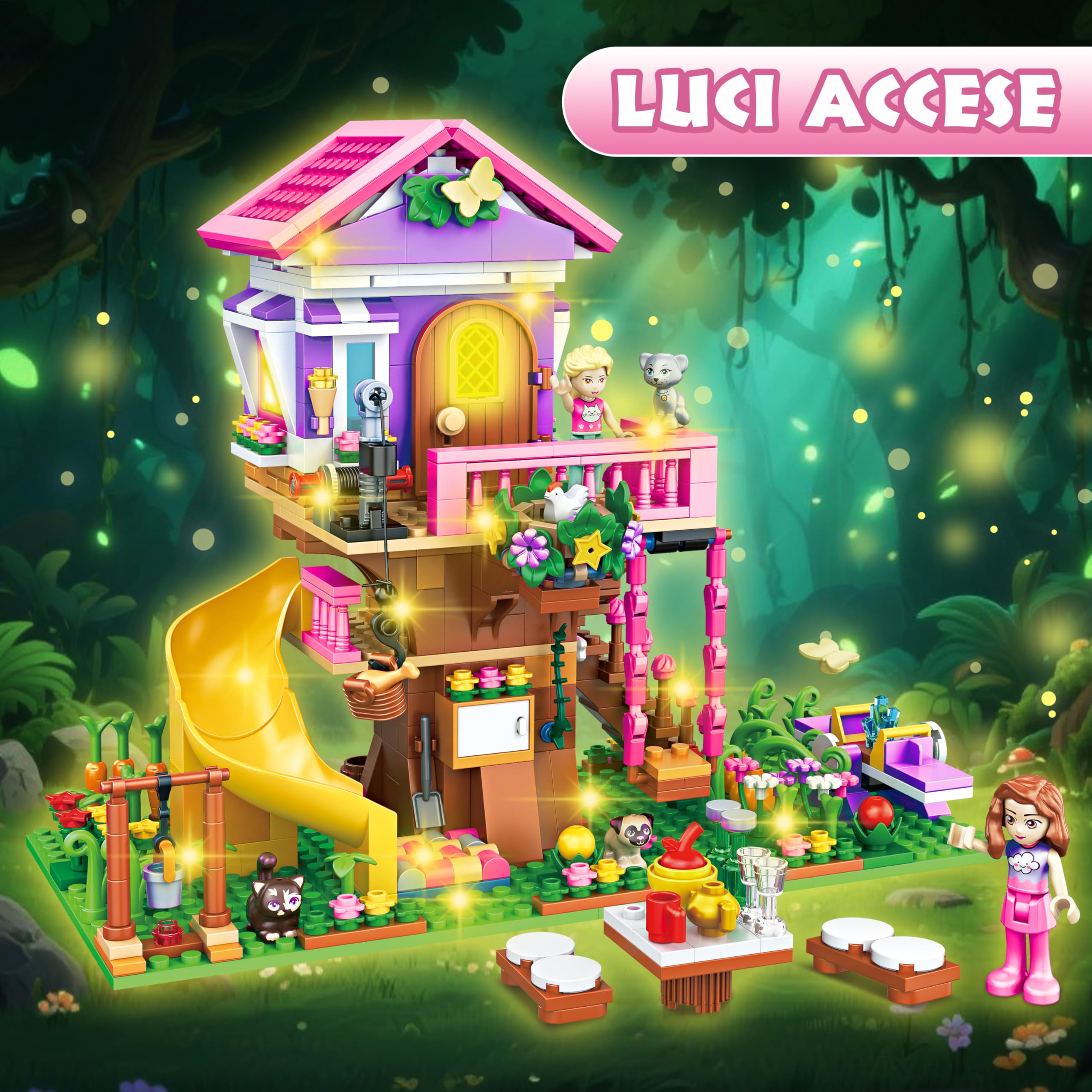 Charmofun Set di Costruzione della Casa Sull'albero con Luci LED, Costruzioni Casa Giocattolo per Bambine 8 9 10 11 12+ anni, 685 pezzi Kit Casa Sull'albero da Costruire, Regalo per Bambini