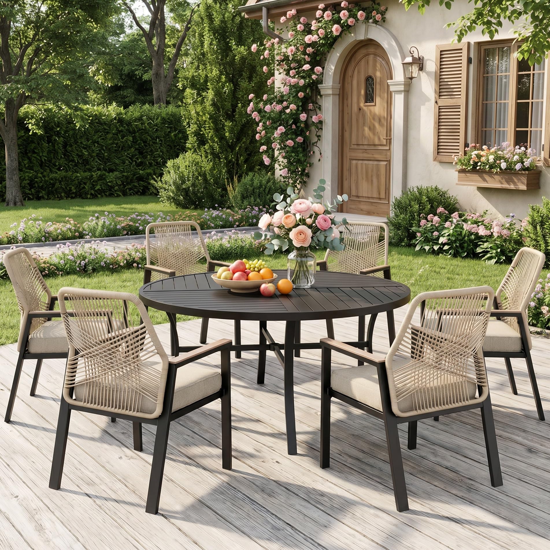 MIXPATIO 7 Pieces Round Outdoor Dining Set for 6, Patio Dining Set Wicker Rattan Chairs with Soft Cushion and 54" Round Table with Umbrella Hole, Round Patio Table and Chairs for Backyard Porch