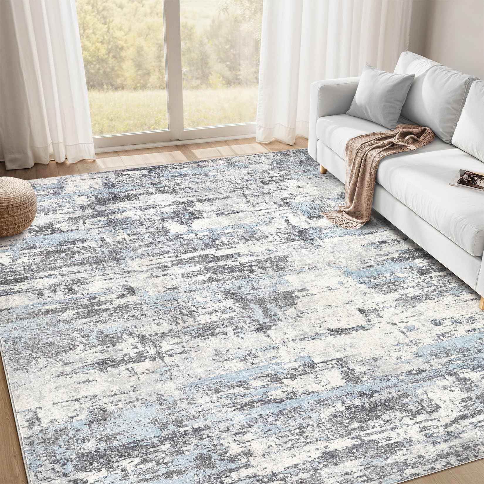 Area Rugs for Living Room: 9x12 Abstract Washable Rug Modern Neutral Large Soft Stain Resistant Non-Slip Backing Machine Table for Bedroom Dining Room Indoor Home Office Carpet - Blue Grey