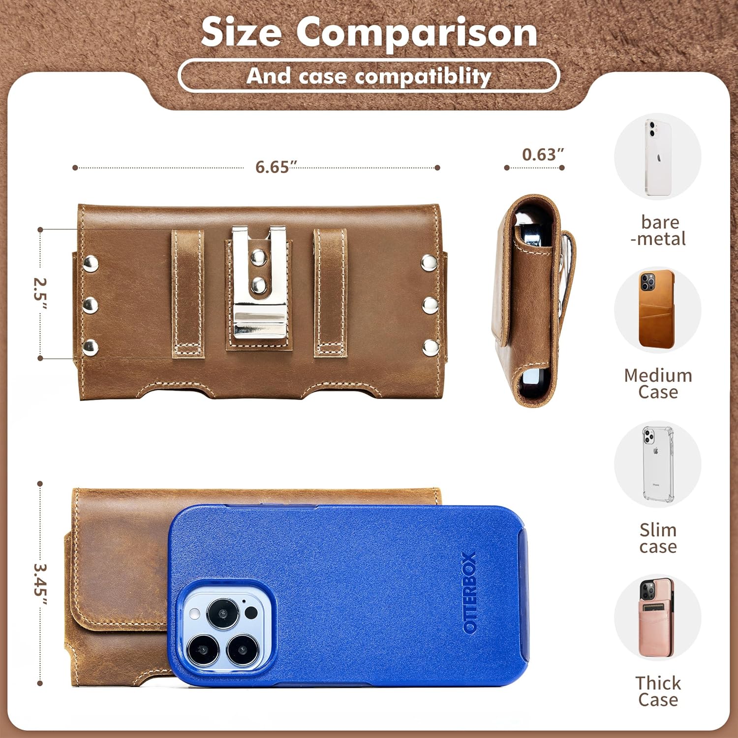 Gcepls Leather Phone Holster for iPhone 16 Pro Max,15 Pro Max,iPhone 14 Pro Max,13 Pro Max,Premium Genuine Leather Cell Phone Holster with Belt Clip,Phone Belt Holder Pouch Cover (Fits Thin Case on) - Image 2