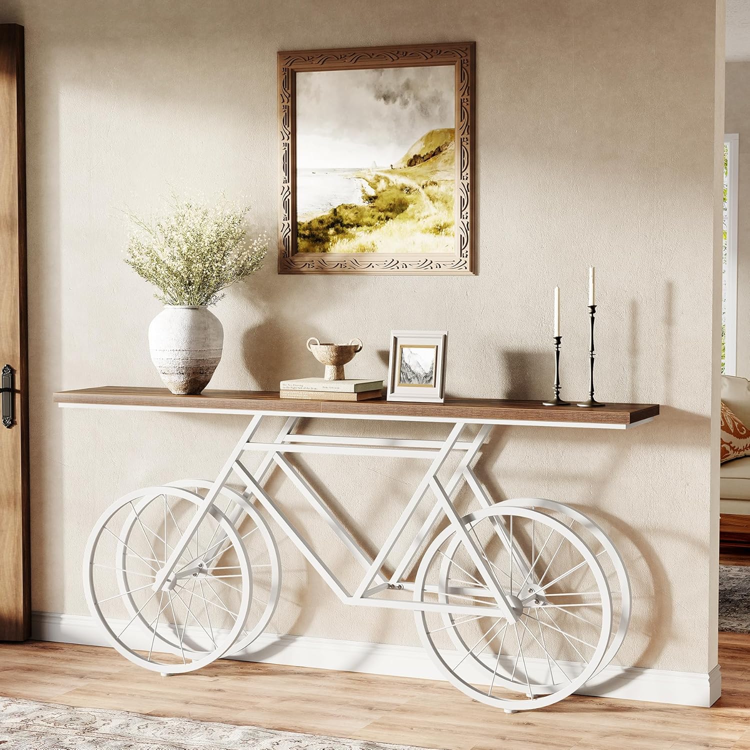 LITTLE TREE Narrow Sofa Table, 70.9-Inch Extra Long Console Table for Living Room, Entryway, with Unique Bicycle Metal Base. White and Brown
