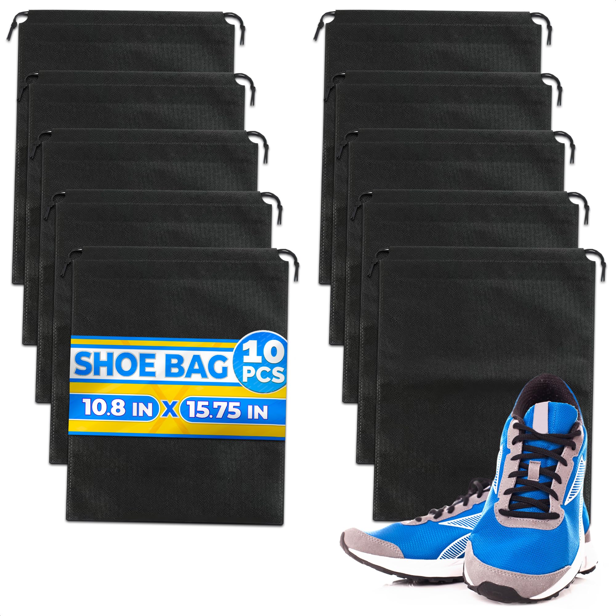 10 Pack Travel Shoe Backpack Set – Non-Mesh Solid 11.8"x15.75" Waterproof Drawstring Shoe Bags for Travel, Clothes, or Wet Gear – Lightweight Storage