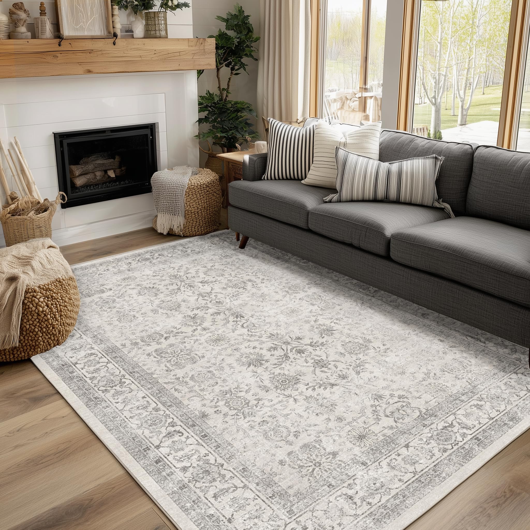 Beauoop Washable Area Rug Grey Neutral Vintage 120x170 cm Non Slip Low Pile Traditional Indoor Carpet for Living Room Bedroom Soft Retro Mat Throw Rug for Dining Office Kitchen Dorm Entryway