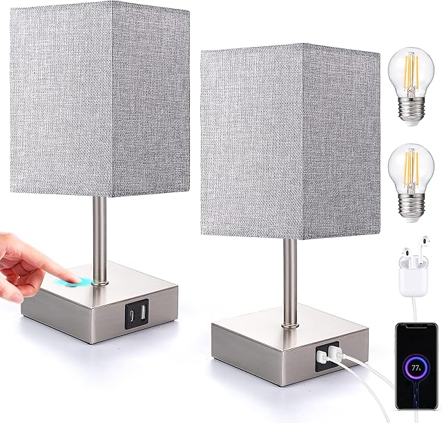 EDISHINE Touch Bedside Lamps Set of 2, 3 Way Dimmable Table Lamp, Touch Lamp with 2 USB Charging Ports (USB-C+USB-A), 2 LED Bulbs Included, 28CM Nightstand Lamp for Bedroom, Living Room, UKCA Listed