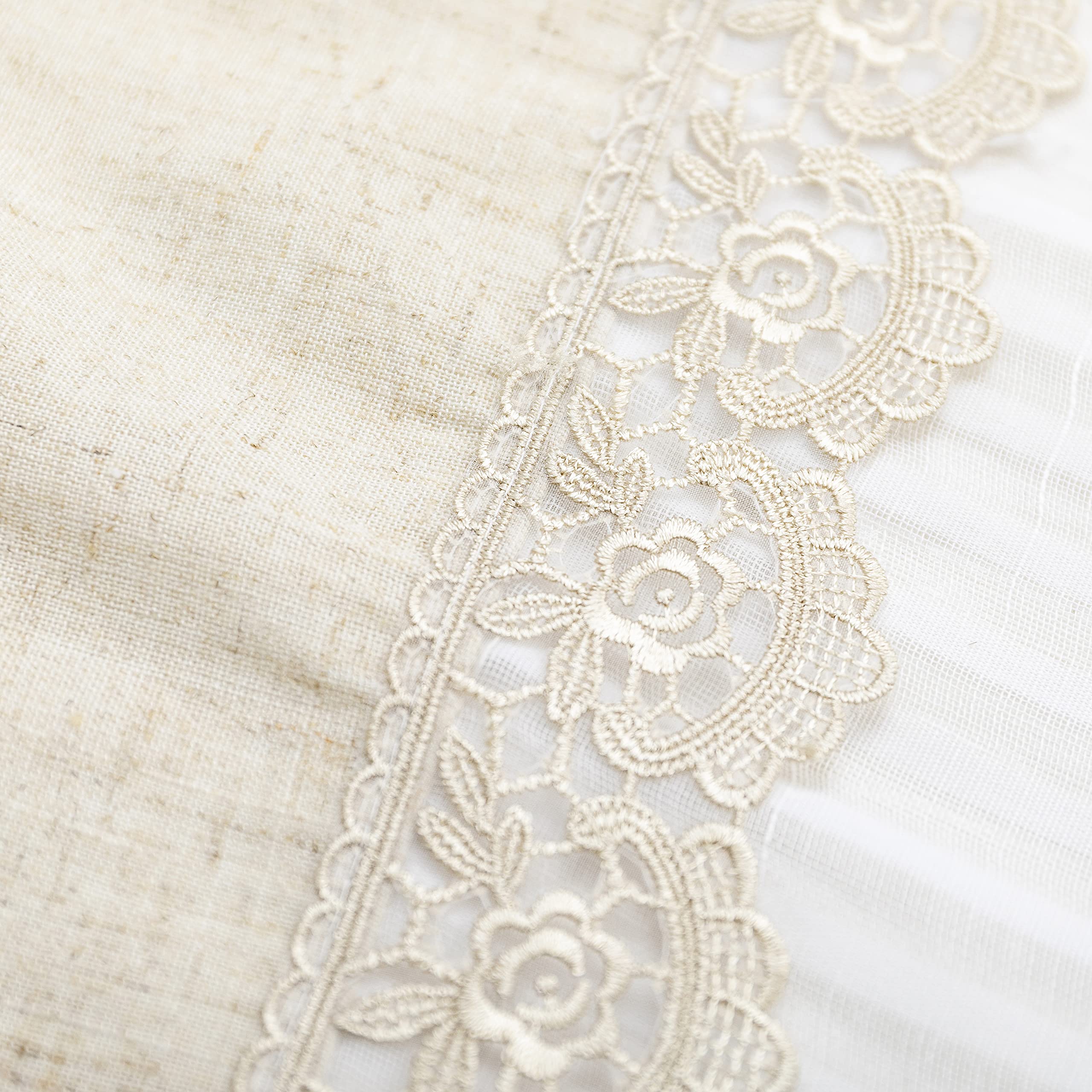 Lot de 2 rideaux blancs semi-transparents à rayures et ourlet supérieur beige, avec broderie florale, mélange de lin, style shabby chic, 2 panneaux avec œillets (beige, 140 x 280 cm)