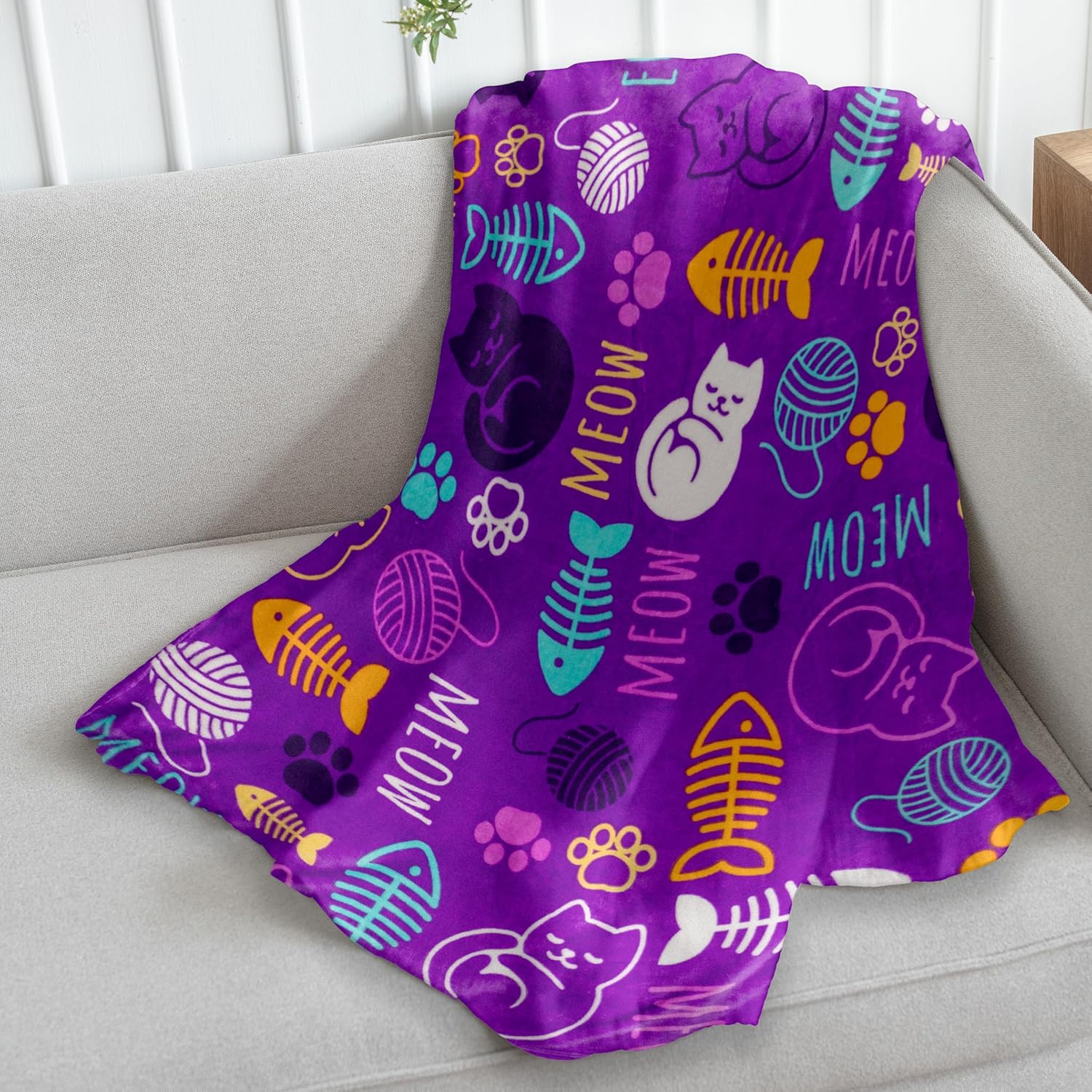 Kitty Paws (Purple) Super Plush Blanket - 50x60 Soft Throw Blanket - Perfect for Cuddle Season for Bedroom, Living Room, All Seasons, Holidays, Kids, Babies, Adults & Decor, Cat Blanket