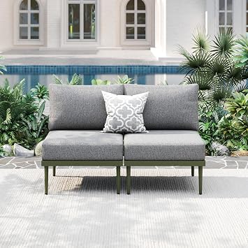 Metal Patio Furniture Set, 2 Pieces Outdoor Sectional Sofa Sets, 6" Thick Cushion Modular Outdoor Armless Loveseat for Balcony, Patio & Courtyard Gray/Green