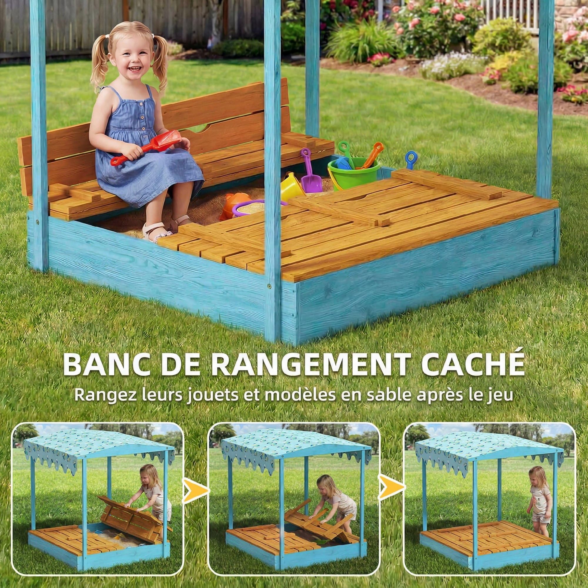 AIYAPLAY Bac à Sable en Bois avec Couvercle, bac à Sable Enfant extérieur avec siège Pliable, Espace de Rangement, Toile imprimée Dinosaures, Fond Inclus, pour 3 à 6 Ans, 134,5x127,5x130cm, Bleu