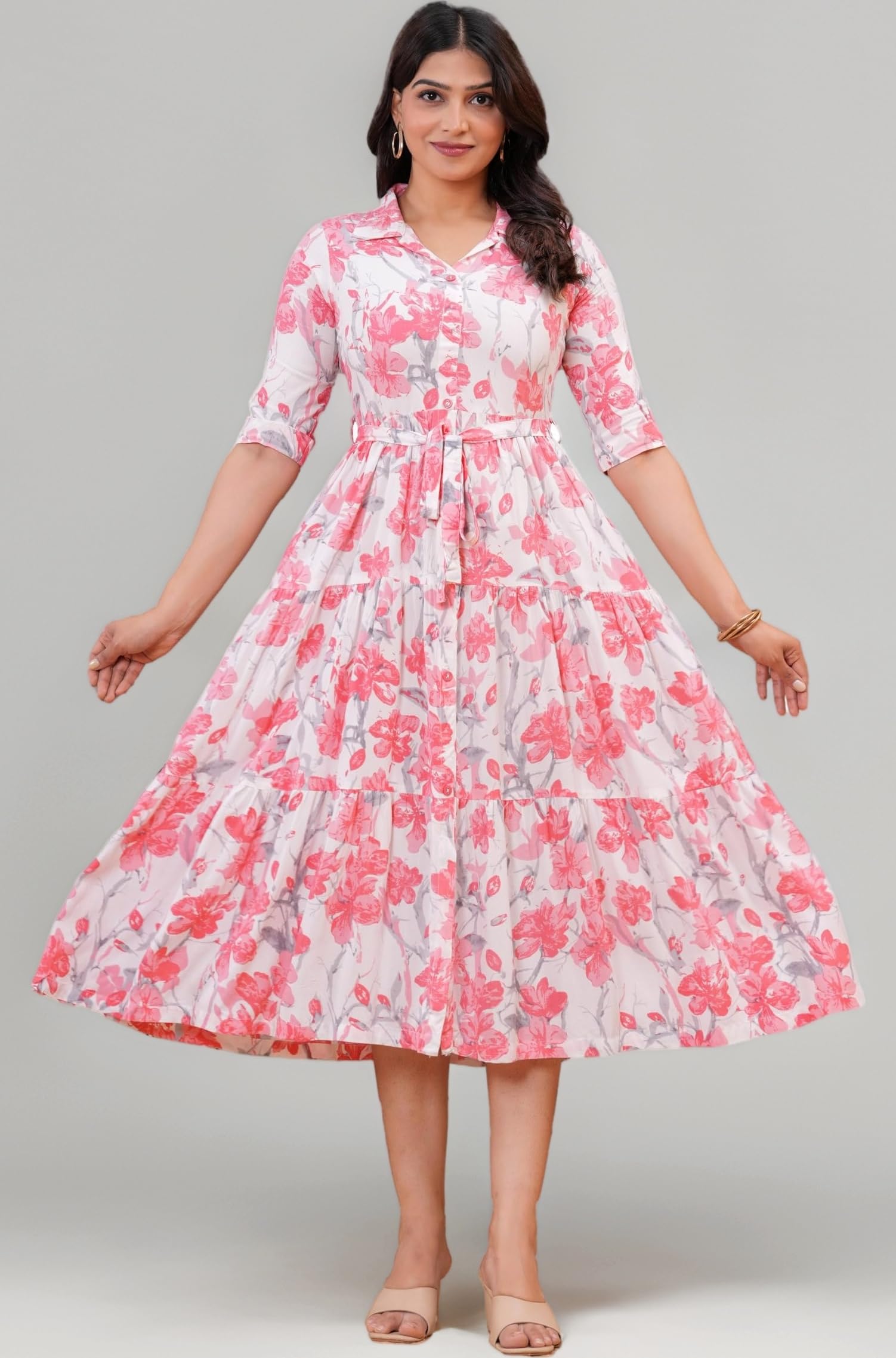 Women's Rayon Printed Flared Dress(DR194Pink)