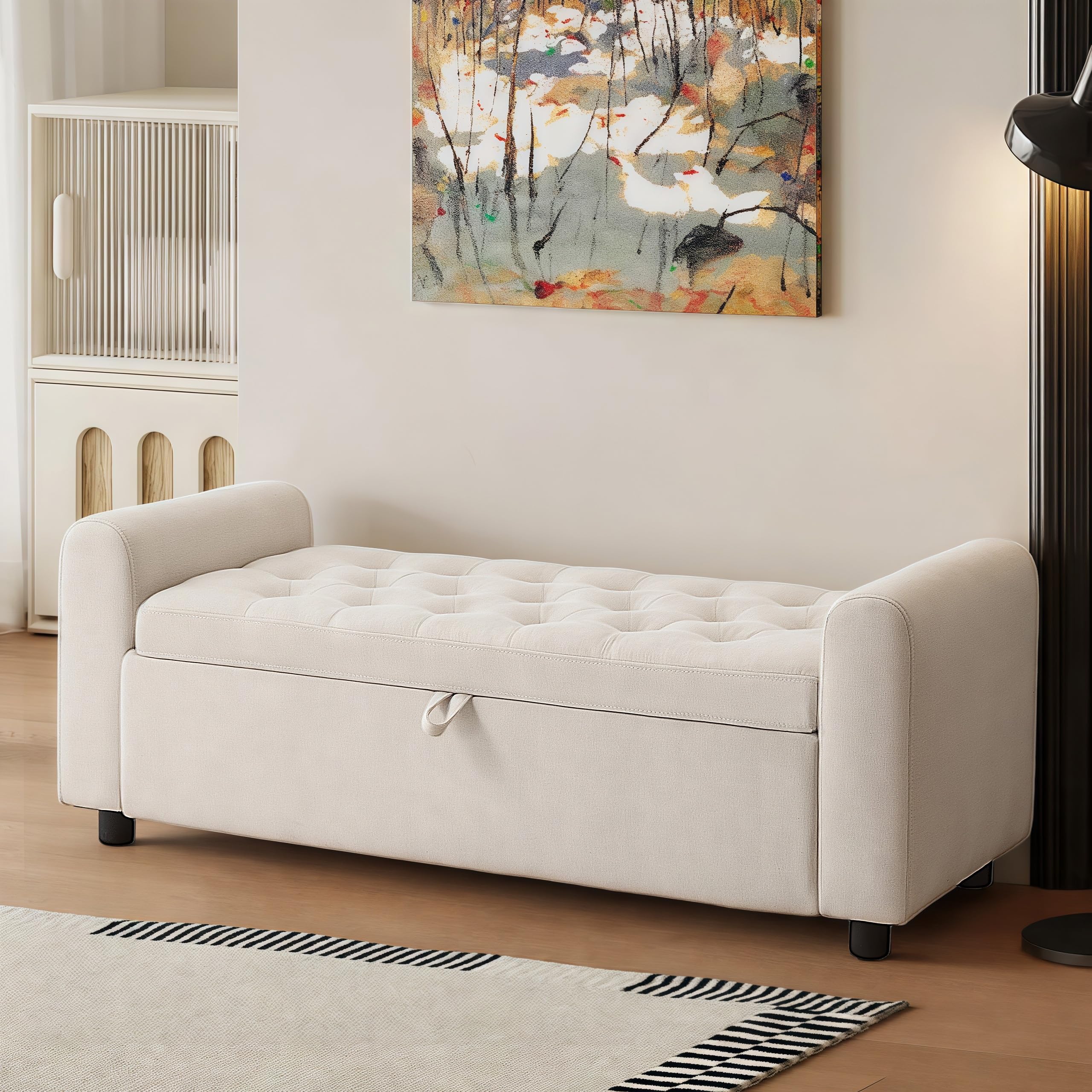BIGGARSIT beige tufted storage ottoman bench with rolled arms