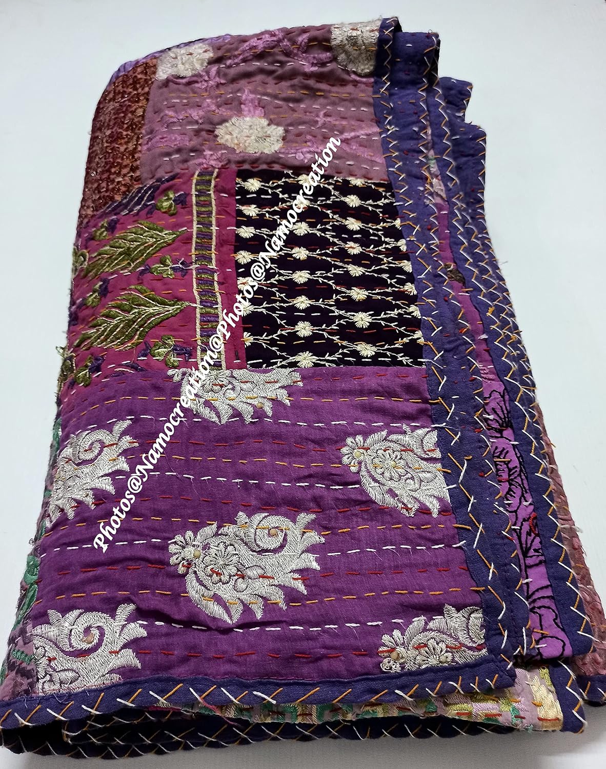 Embroidery Assorted Patchwork Kantha Quilt Reversible Patchwork Kantha Bedspread Bed Cover Decor Throw Blanket California King/Queen/Twin (Purple, 90X108 Inches)