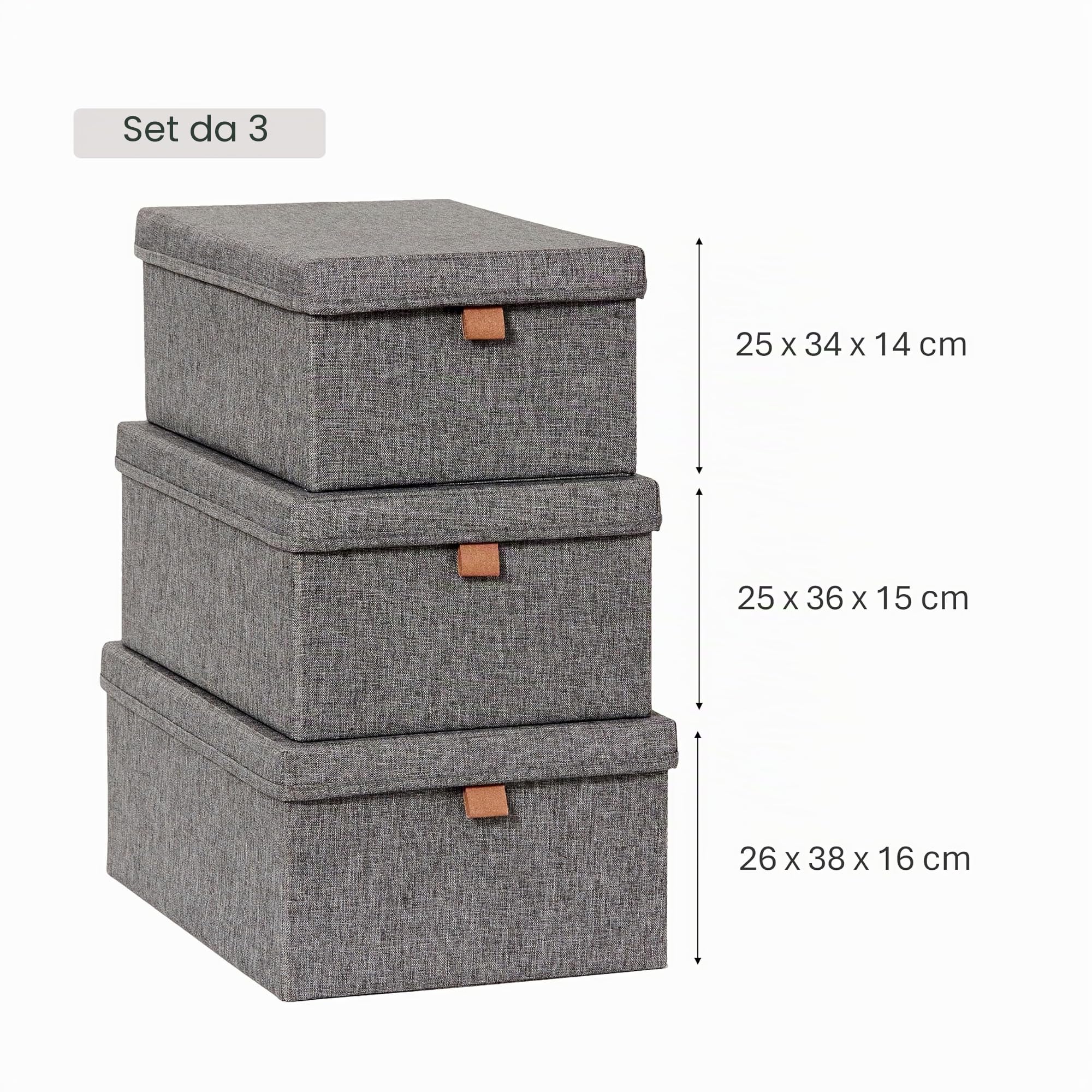 LOVE IT STORE IT - Set di 3 Scatole Portaoggetti in Lino con Coperchio, Rinforzate in Cartone, per Armadio e Casa, Grigio Screziato