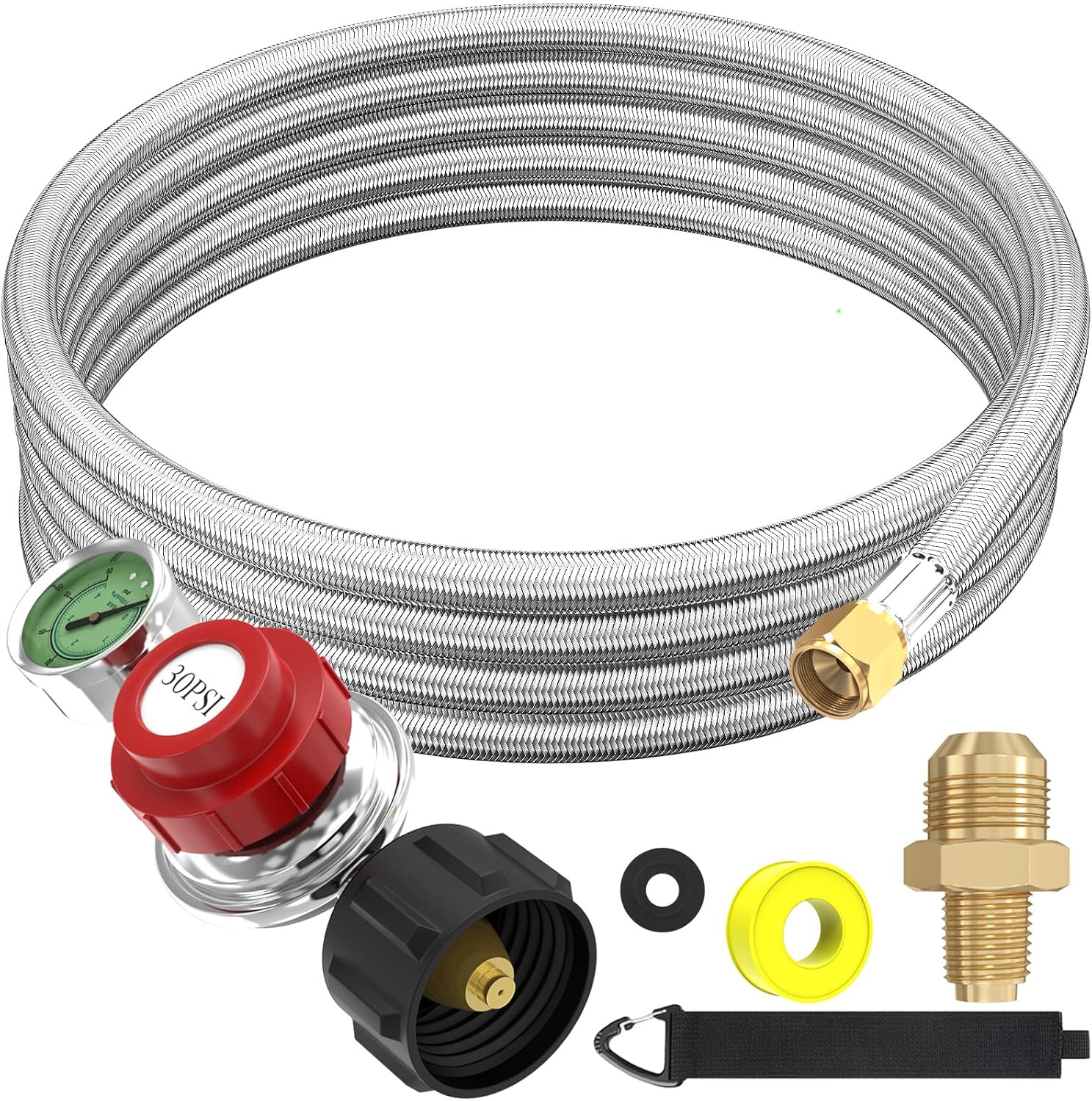 Upgraded 12 FT 0-30 PSI High Pressure Adjustable Propane Regulator with Gauge 0~60PSI Gas Flow Indicator, QCC1 x 3/8" Female Flare Fitting with 3/8 Flare x 1/8 MNPT, Stainless Braided Propane Hose