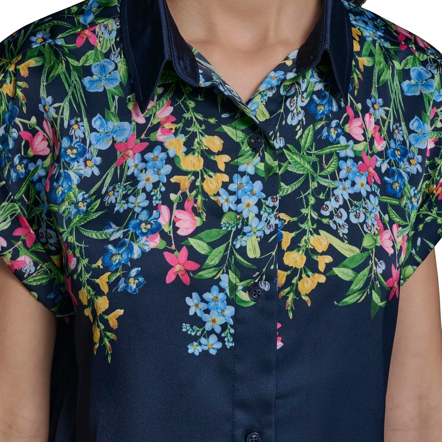 Karl Lagerfeld Women's Short Sleeve Collared Neck Placed Floral Side Tie Camp Shirt