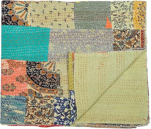 Vista 34 de Marubhumi Edredón tradicional indio de algodón puro, estampado de cachemira, colcha Kantha multicolor (multicolor-22, individual (60 x 90 pulgadas)