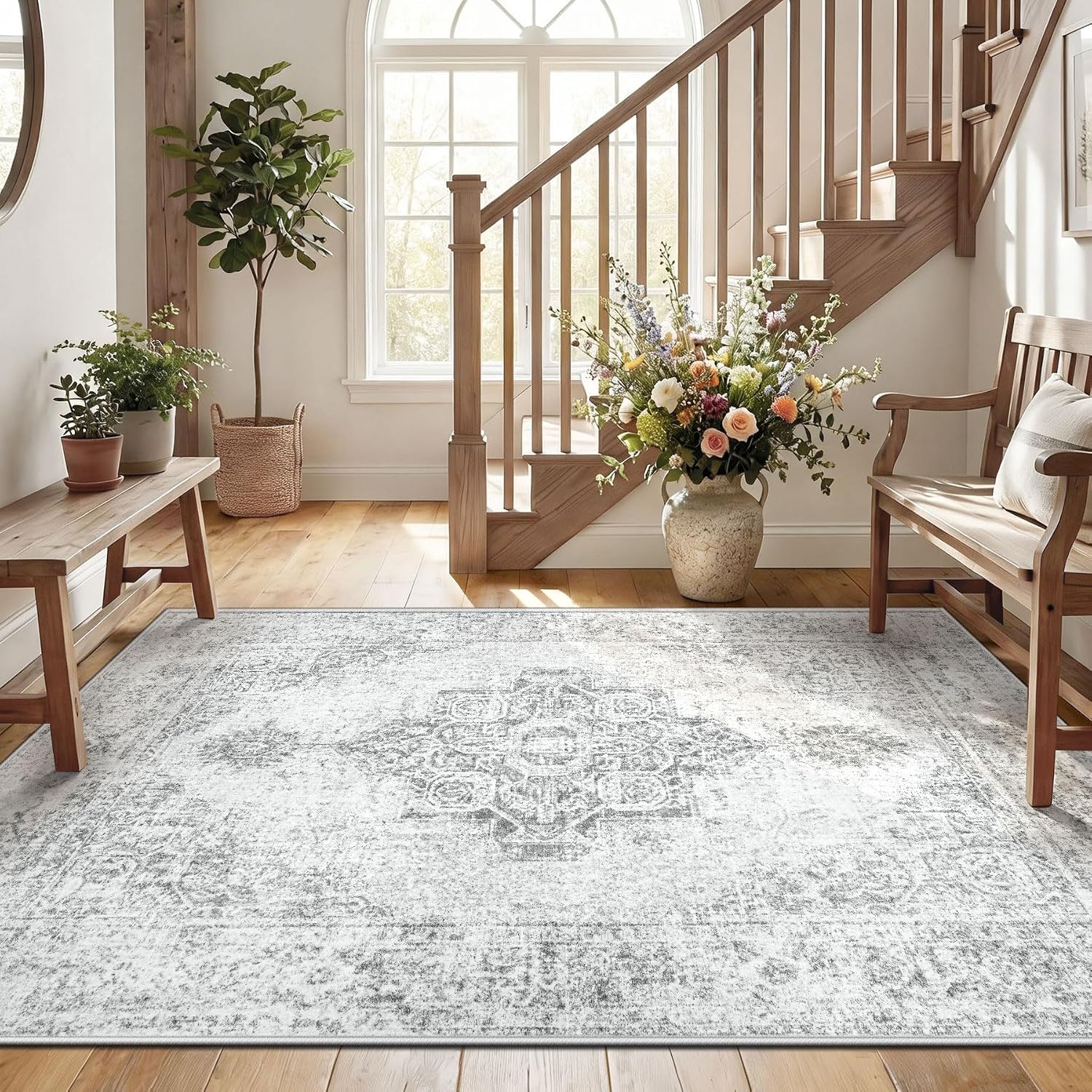 5x7 Area Rugs for Living Room, Washable Vintage Boho Medallion Rug Non Slip Low Pile Floor Carpet for Bedroom Nursery Dining Room (Grey, 5'x7')