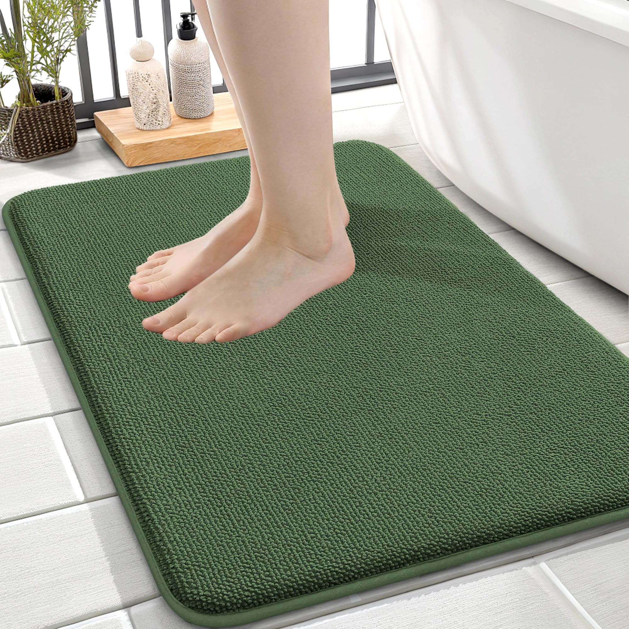 OLANLY Memory Foam Small Bathroom Rugs 24x16, Absorbent Mat, Olive Green