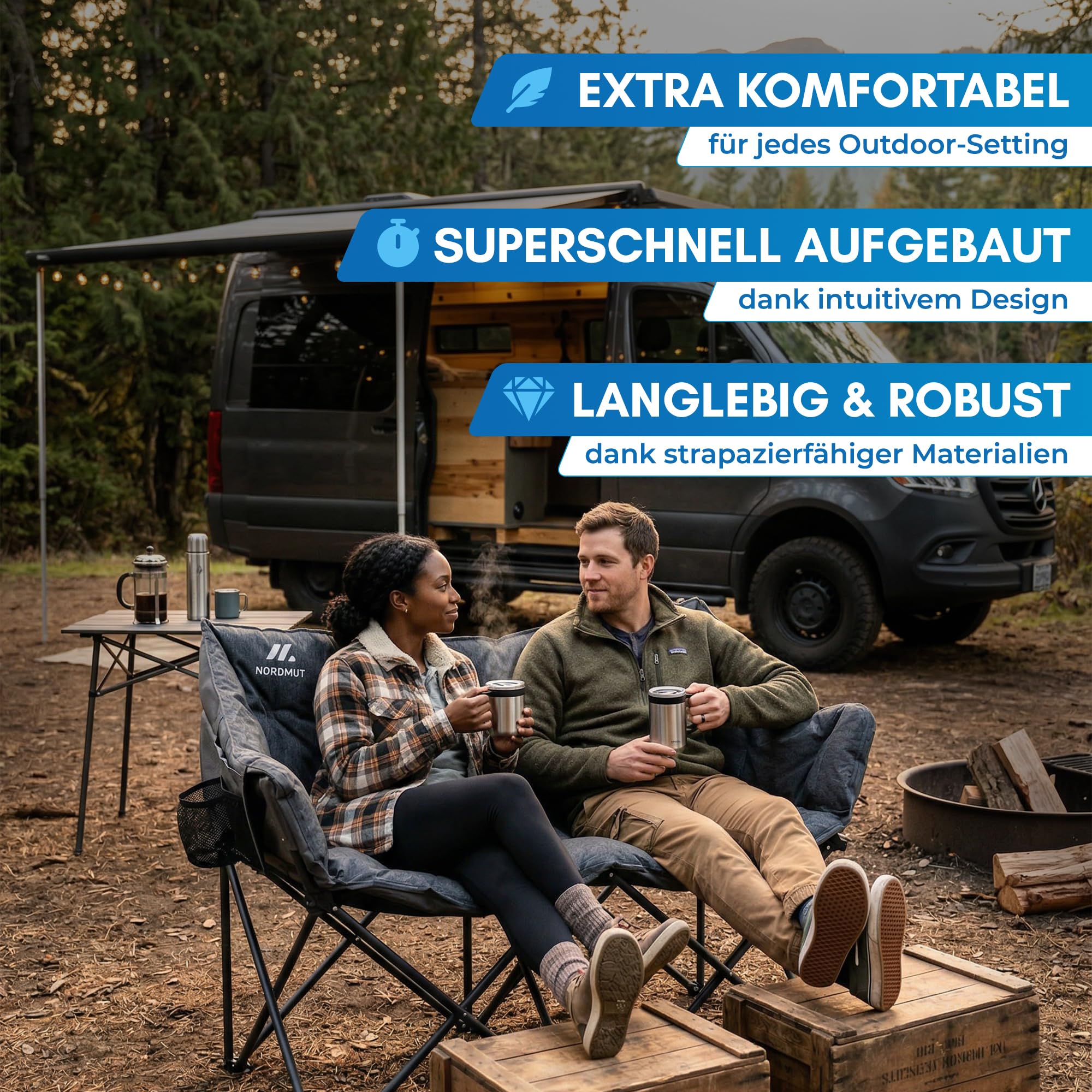 NORDMUT® Campingsofa faltbar für 2 Personen – stabile Camping Couch 320 kg belastbar – komfortabler Doppel Campingstuhl faltbar mit extra Dicker Polsterung (Aschgrau)