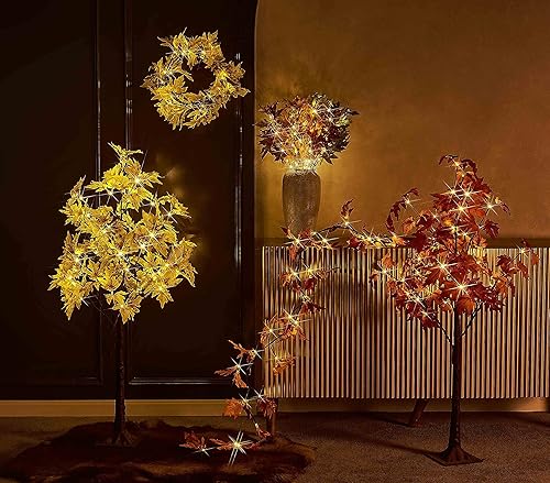 Miniatura 7 de Hairui - Guirnalda de hojas de arce iluminada con temporizador de 6 pies, 24 luces LED blancas cálidas, guirnalda de otoño con luces funciona con