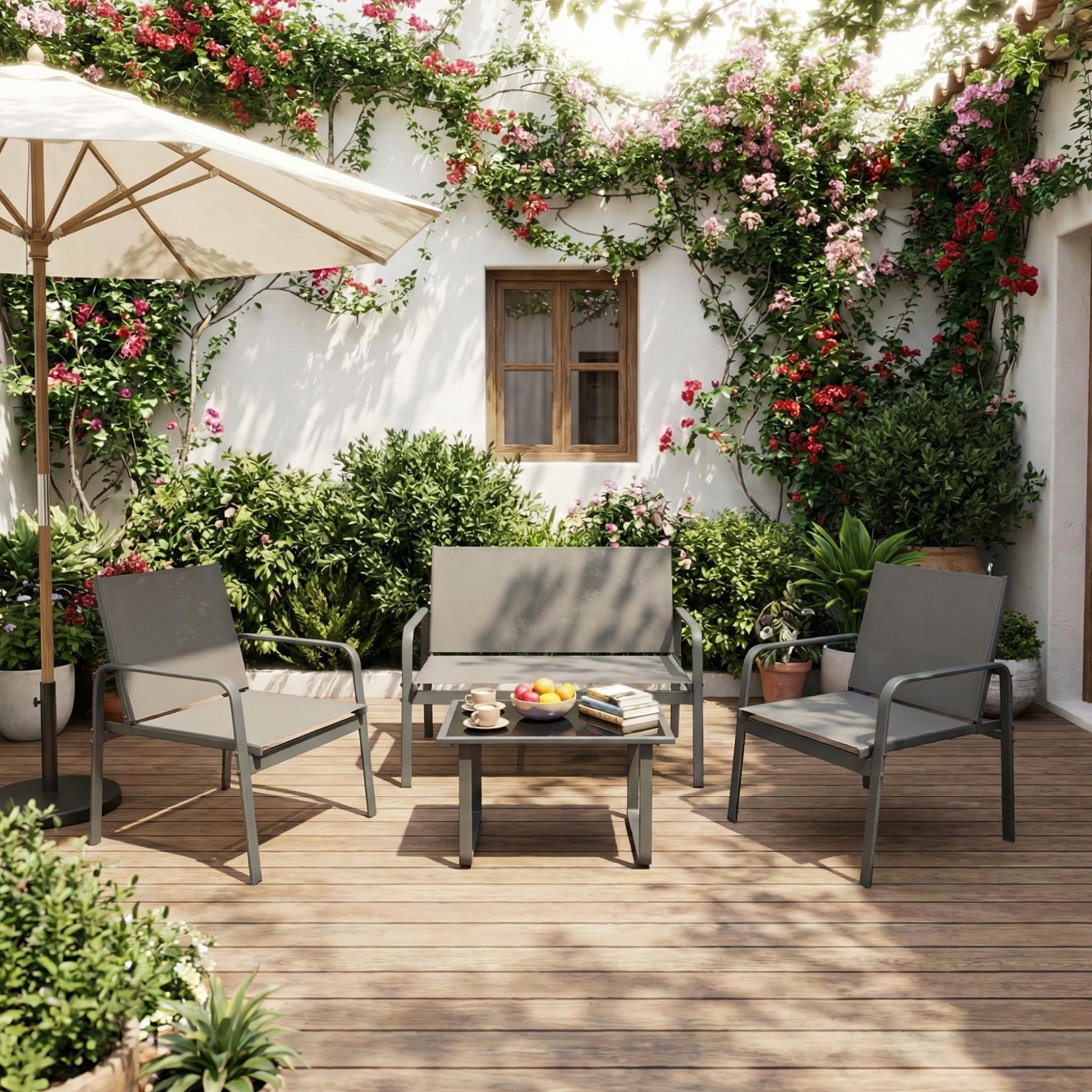 Mondeer Salon de Jardin Exterieur 4 Personnes pour Extérieurs, Gris Foncé | Mobilier de Jardin 4 pièces avec 2 Places 2 fauteuils 1 Table Basse, Métal et Textilène, pour Terrasse Balcon